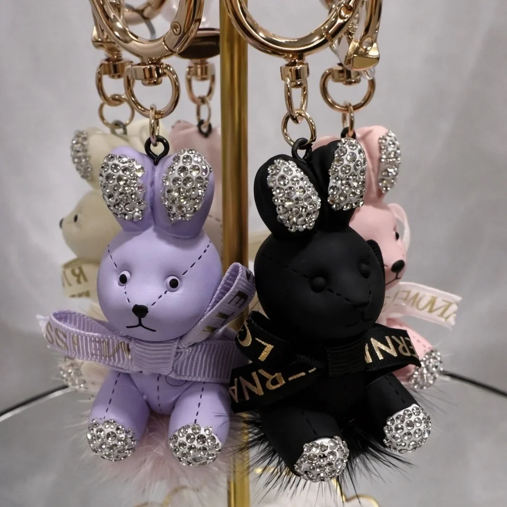 WHITE Bunny Pom Pom Keychain Bag Charm -